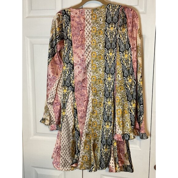 ASOS Pink‎ Gold Satin Paisley Long Sleeve Dress Boho Mixed Pattern V-Neck Size 4 - Picture 5 of 6